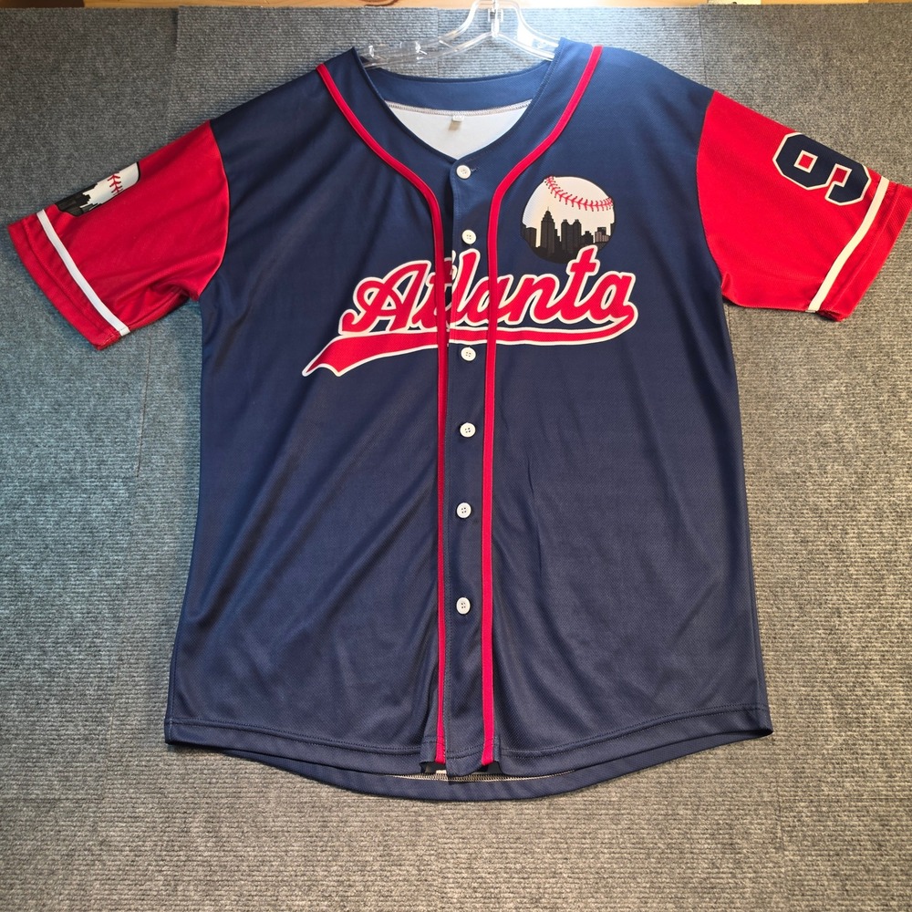Unbranded Baseball Jersey Mens Large Navy Red Good Atlanta Skyline Number 99